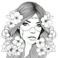 AI generated A girl on a coloring book page with Jasmine flowers. AI Generated photo