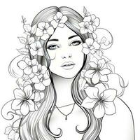 AI generated A girl on a coloring book page with Jasmine flowers. AI Generated photo