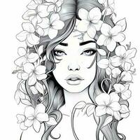 AI generated A girl on a coloring book page with Jasmine flowers. AI Generated photo