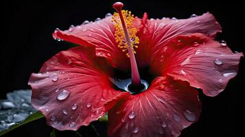 ai generado un hibisco flor con agua un oscuro antecedentes. foto