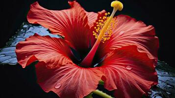 ai generado un hibisco flor con agua un oscuro antecedentes. foto