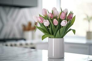 AI generated A bouquet of tulips on a white table. AI Generated photo