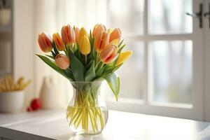 AI generated A bouquet of tulips on a white table. AI Generated photo