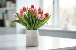 AI generated A bouquet of tulips on a white table. AI Generated photo