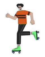 80s skater rollerblading line cartoon flat illustration. Hispanic cool guy roller skating 2D lineart character isolated on white background. Eighties retro. Nostalgia fashion scene vector color image