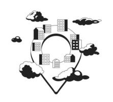 Dreamy neighborhood location black and white 2D cartoon object concept. Neighbourhood pinpoint isolated vector outline item metaphor. Pin buildings in clouds monochromatic flat spot illustration