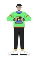 80s retro style photographer line cartoon flat illustration. Eyeglasses arab man taking instant pictures 2D lineart character isolated on white background. Nostalgia fashion scene vector color image