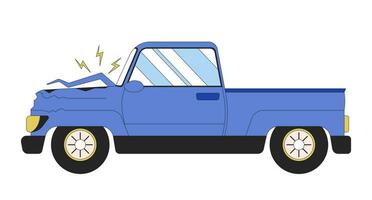 Accident automobile side view 2D linear cartoon object. Broken vehicle isolated line vector element white background. Hit parked car. Traffic violation. Dangerous driving color flat spot illustration