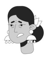 Sick adult woman with indian jewellery black and white 2D vector avatar illustration. Hindu traditional female feeling tired outline cartoon character face isolated. Influenza flat user profile image