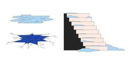 al aire libre invierno clima riesgos 2d lineal dibujos animados objetos colocar. resbaladizo escaleras, roto hielo agujero, congelado charco aislado línea vector elementos blanco antecedentes. color plano Mancha ilustración colección