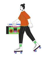 Rollerblading with boom box line cartoon flat illustration. Caucasian male 80s riding roller skates 2D lineart character isolated on white background. Eighties nostalgia scene vector color image