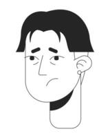 Sick adult asian man with bags under eyes black and white 2D vector avatar illustration. Worried uneasy korean male outline cartoon character face isolated. Young adult flu flat user profile image