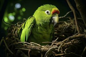 AI generated A green parrot on a branch. AI Generated photo