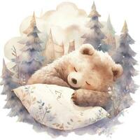 AI generated A sleepy baby bear in a bedding. watercolor illustration. AI Generated photo