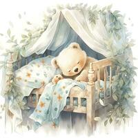 AI generated A sleepy baby bear in a bedding. watercolor illustration. AI Generated photo