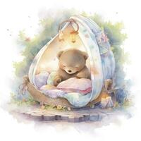 AI generated A sleepy baby bear in a bedding. watercolor illustration. AI Generated photo