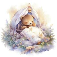 AI generated A sleepy baby bear in a bedding. watercolor illustration. AI Generated photo