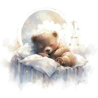 AI generated A sleepy baby bear in a bedding. watercolor illustration. AI Generated photo