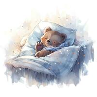 AI generated A sleepy baby bear in a bedding. watercolor illustration. AI Generated photo