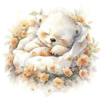 AI generated A sleepy baby bear in a bedding. watercolor illustration. AI Generated photo