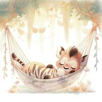 AI generated A sleepy baby zebra in a hammock. watercolor illustrations. AI Generated photo