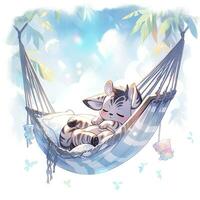 AI generated A sleepy baby zebra in a hammock. watercolor illustrations. AI Generated photo