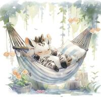 AI generated A sleepy baby zebra in a hammock. watercolor illustrations. AI Generated photo