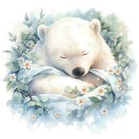 AI generated A sleepy baby white bear in bedding. watercolor illustrations. AI Generated photo