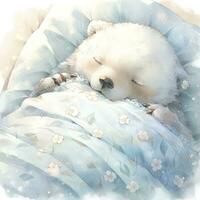 AI generated A sleepy baby white bear in bedding. watercolor illustrations. AI Generated photo