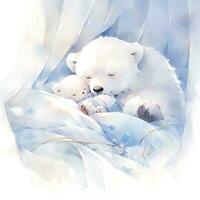 AI generated A sleepy baby white bear in bedding. watercolor illustrations. AI Generated photo
