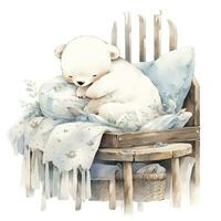 AI generated A sleepy baby white bear in bedding. watercolor illustrations. AI Generated photo