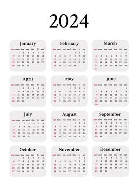 Beige and white simple calendar 2024. Vertical one sheet with all monthes. Week start on Sunday. A4 A3 A2 A5