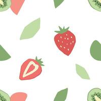 Abstract seamless pattern with kiwi and strawberry. Vector wallpaper on a white background for textiles, kitchen design or product packaging