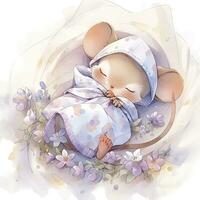 AI generated A sleepy baby mouse in a bedding, watercolor illustration.  AI Generated photo