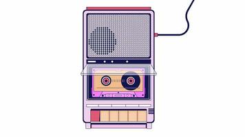 en jouant cassette Années 80 l'audio équipement ligne 2d objet animation. cassette audio à l'intérieur rétro dispositif plat Couleur dessin animé 4k vidéo, alpha canaliser. écoute la musique ancien Animé article sur blanc Contexte video