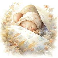 AI generated A sleepy baby mouse in a bedding, watercolor illustration. photo