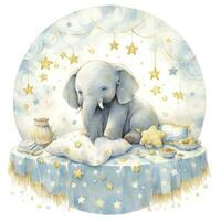 AI generated An elephant on a bed with stars and blankets around the circle. AI Generated photo