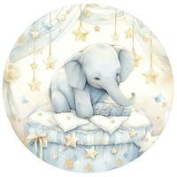 AI generated An elephant on a bed with stars and blankets around the circle. AI Generated photo