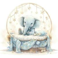 AI generated An elephant on a bed with stars and blankets around the circle. AI Generated photo