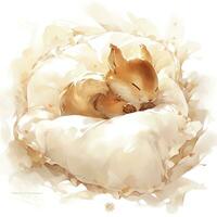 AI generated A sleepy baby squirrel in a bedding. watercolor illustration. AI Generated photo