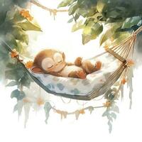 AI generated A sleepy baby monkey in a hammock. watercolor illustration. AI Generated photo