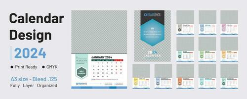 Wall Calendar Design 2024. Motivational, creative, unique, simple and modern design. Multiple pages A3 calendar with 13 unique pages. New trendy Horizontal calendar design template. 12 month calendar. vector