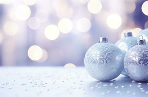 AI generated Christmas decorations ball on snow background. AI Generated photo