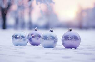 ai generado Navidad decoraciones pelota en nieve antecedentes. ai generado foto