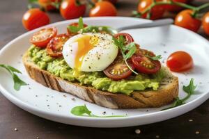 AI generated Avocado toast with eggs and roasted tomatoes. AI Generated photo