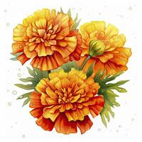 AI generated Watercolor autumn marigold flowers with raindrops on white background. AI Generated photo