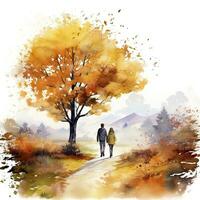 AI generated Watercolor autumn landscape with a couple walking. AI Generated photo