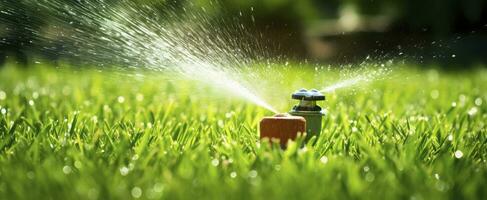 AI generated Automatic garden lawn sprinkler in action watering grass. AI Generated photo