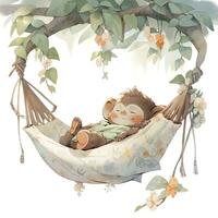 AI generated A sleepy baby monkey in a hammock. watercolor illustration. AI Generated photo