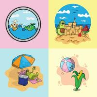 4 summer illustrations, a laughing banana swimming with a green plum in the ocean, sunbathing pear, an avocado building a sandcastle with a watermelon, and a cute corn playing with a beach balloon. vector